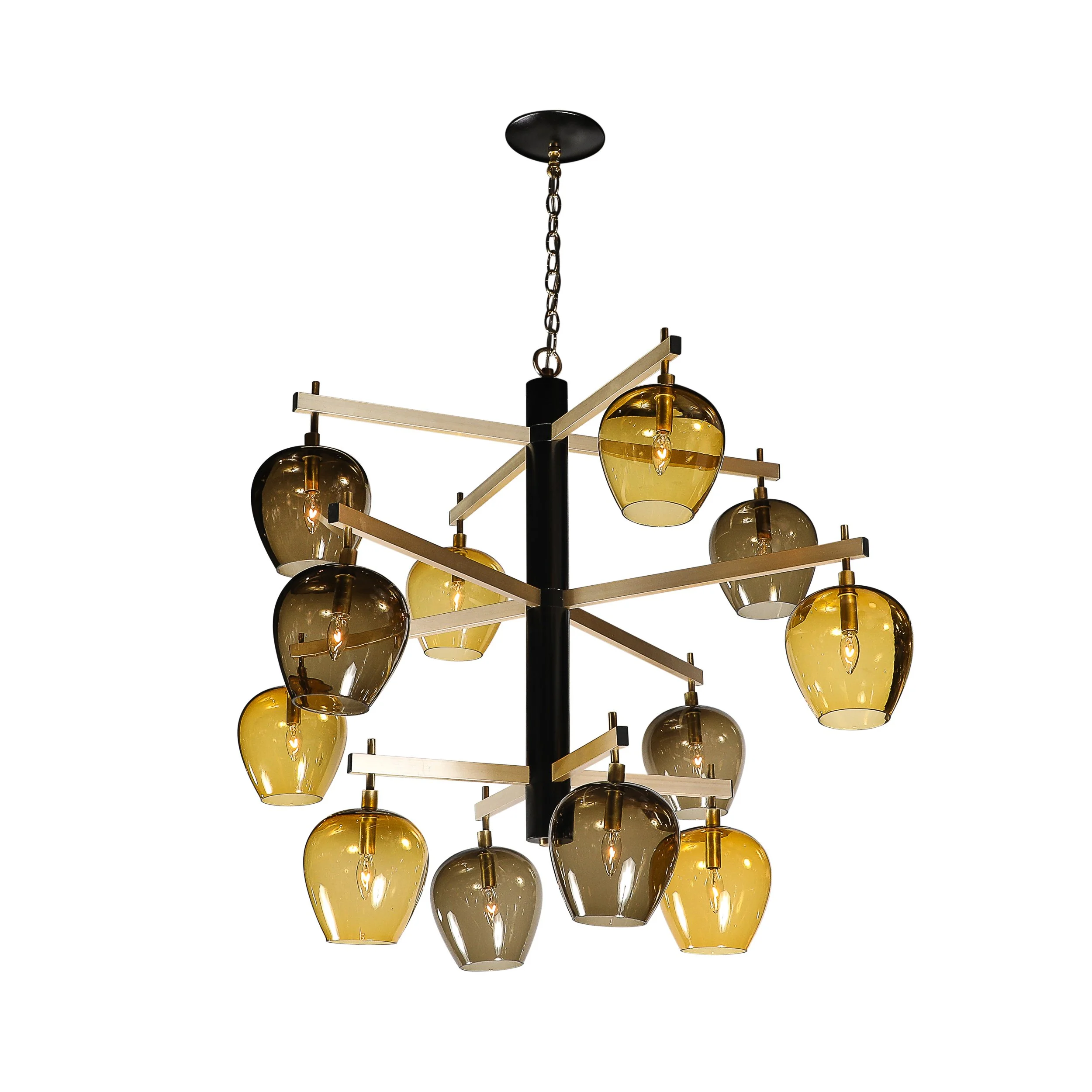 Mid-Century 3-Tier Chandelier in Amber & Smoked Glass Shades